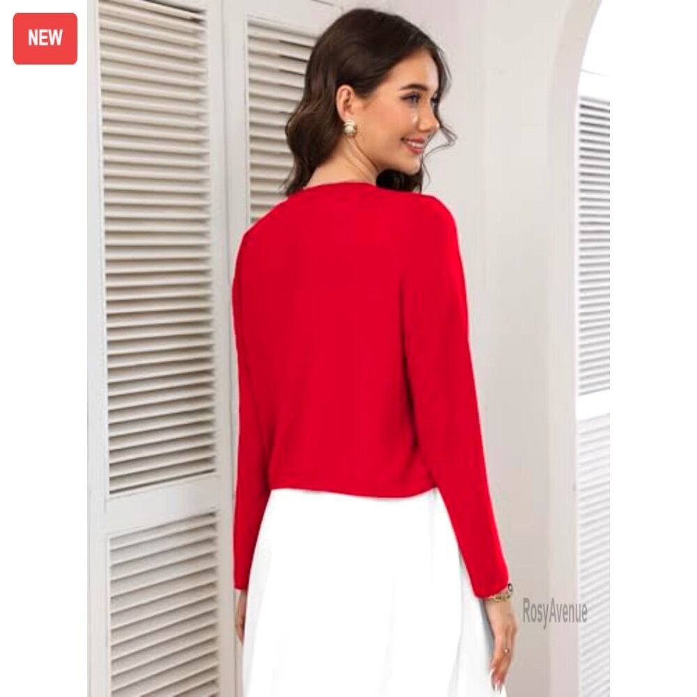 Long Sleeve Thin Knitted Cropped Cardigan Open Front Lightweight Shrug Sweater - Picture 5 of 5